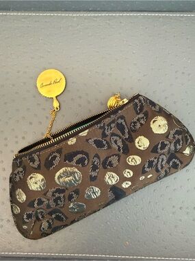 Amanda Pearl Gold & Black Leopard Print Zip Clutch with Matching Mirror